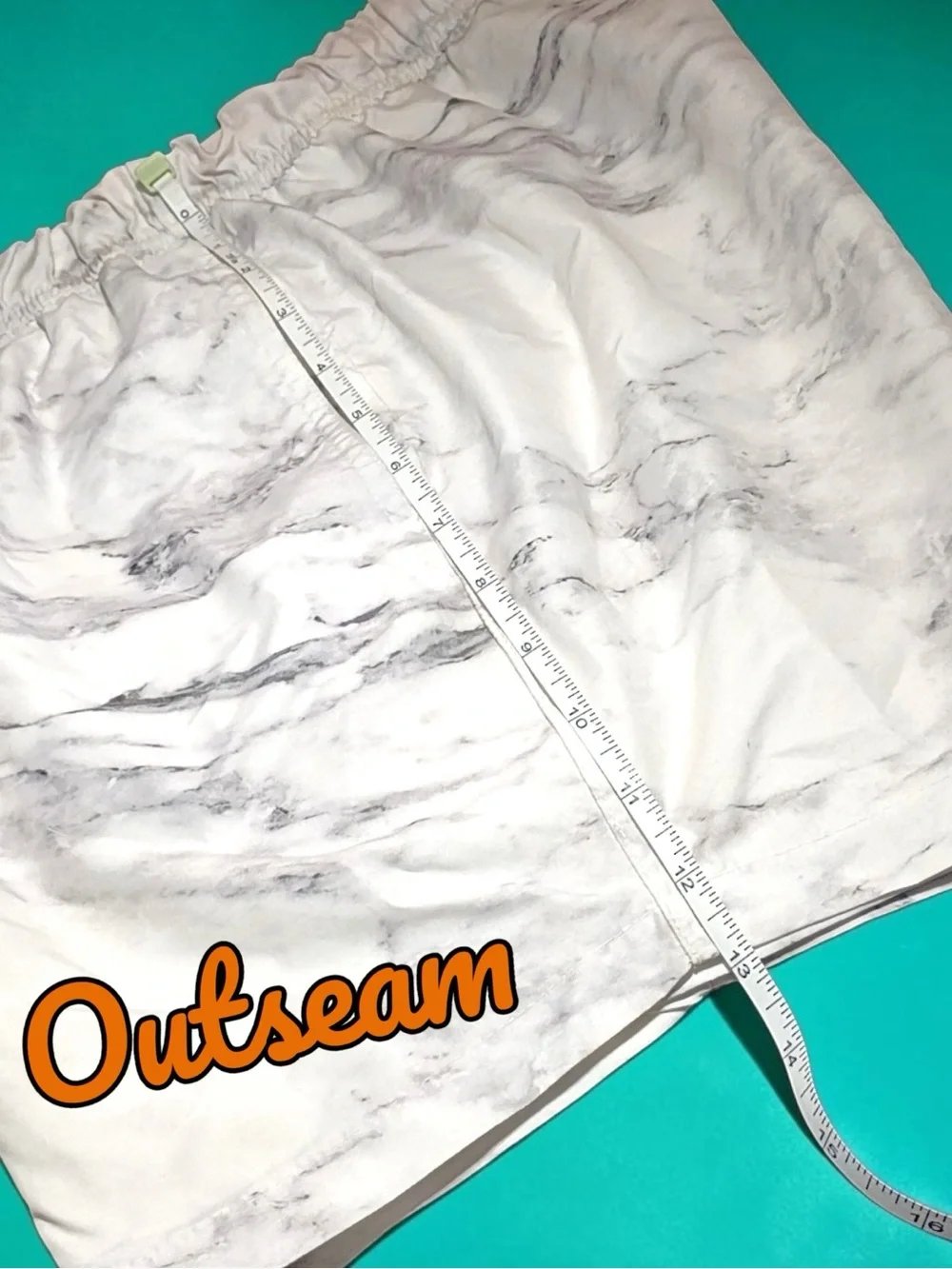 EUC ASOS Swim Shorts White Gray Marble Pattern Orange Drawstring Sz Md Lng